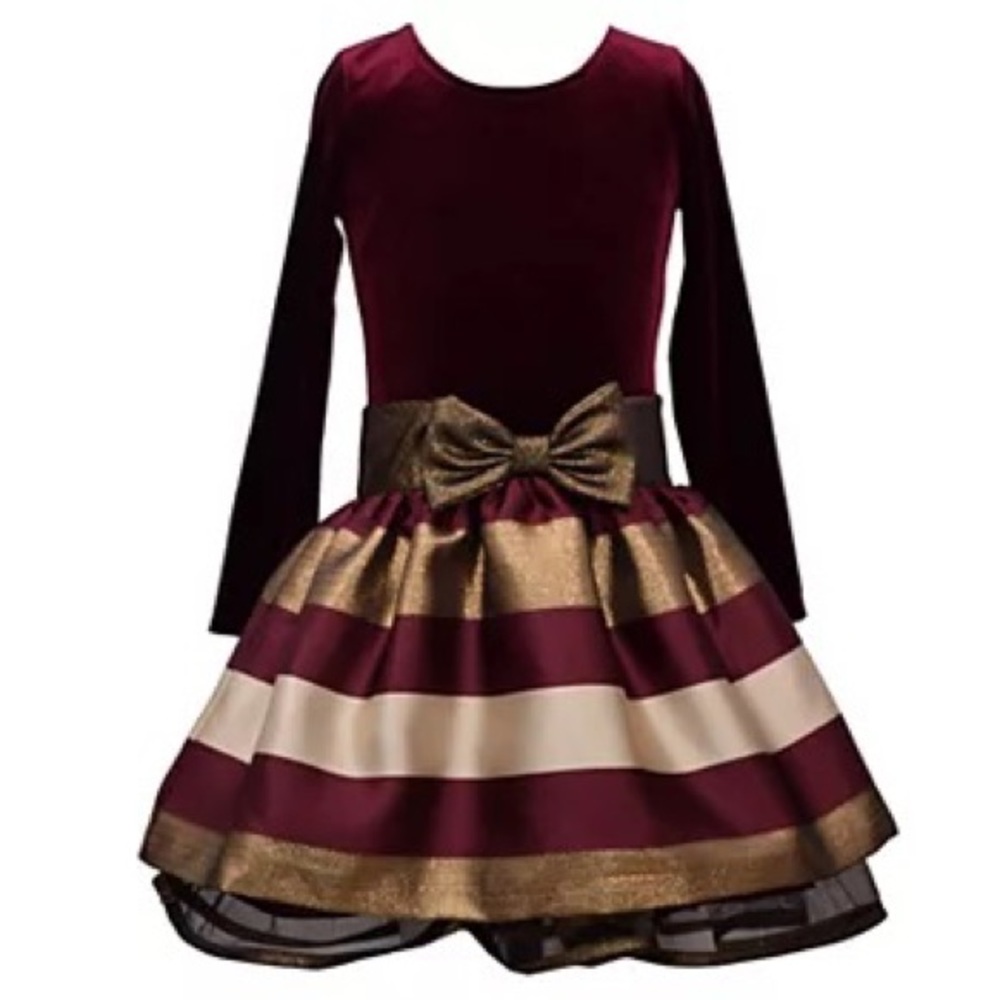 Girls’ Bonnie Jean Long Sleeve Drop Waist Velvet and Taffeta Stripe Dress w Bow